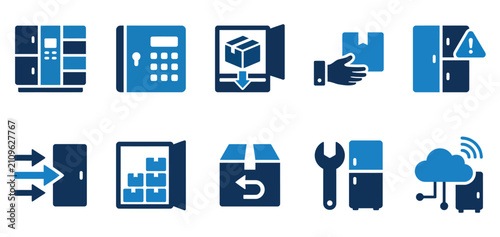 Set of ten blue smart locker and parcel delivery icons for logistics and automated package storage systems Minimal solid fill icon set bundle collection. Editable Vector Illustration Mega pack