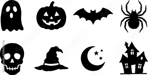 Solid black halloween silhouette icons with ghost pumpkin bat spider and moon
