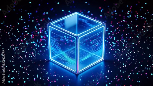 Neon glowing cube with sparkles