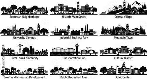 Community skyline black silhouette vector collection featuring neighborhoods campuses civic centers industrial parks and urban landscapes