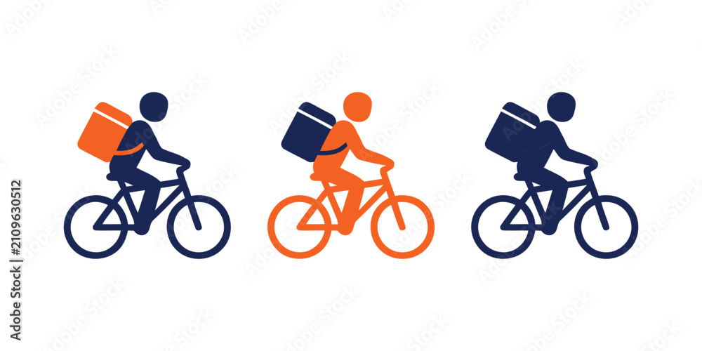 Naklejka premium Courier Riding Bicycle Food Delivery Vector Icon Set