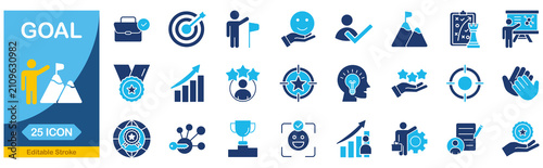 Fotografie Goal icon set collection in Blue Monochrome Flat Design