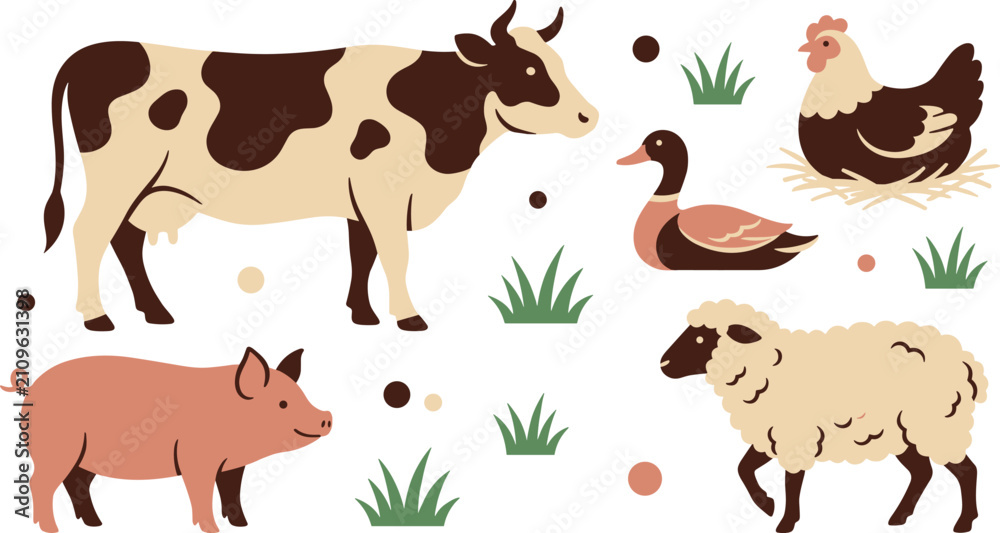 Obraz premium Farm animals vector illustration set featuring cow pig sheep hen and duck isolated on white background