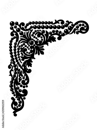 Vintage Black and White Scroll Corner Ornament with Pearl Bead Details