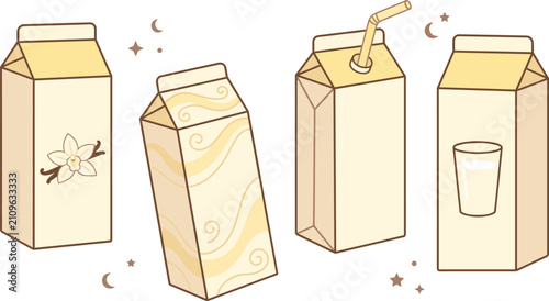 Schilderij op canvas Esthetic Pastel Vanilla Milk Carton Box Set with Cream Swirl Glass and Straw Gra