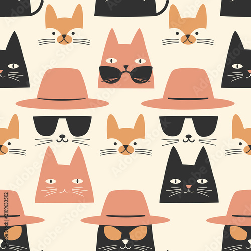 Modern Cat Faces with Hats and Sunglasses Seamless Vector Pattern