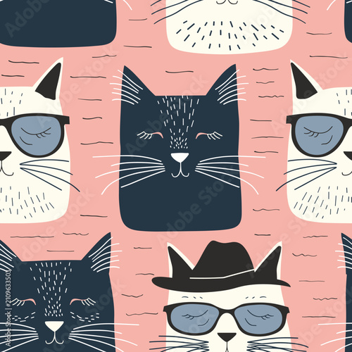 Sleepy Cats with Glasses Seamless Vector Pattern on Pink Background