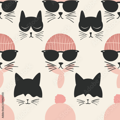 Winter Cats Wearing Beanies and Sunglasses Seamless Vector Pattern