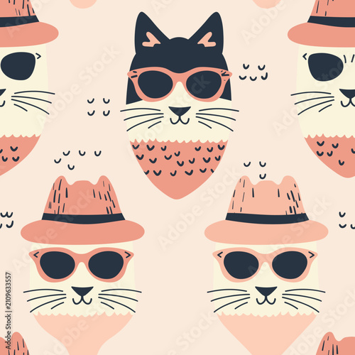 Stylish Cats Wearing Hats and Sunglasses Seamless Vector Pattern