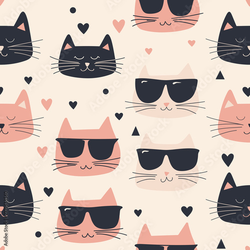 Cute Cats with Sunglasses and Hearts Seamless Vector Pattern