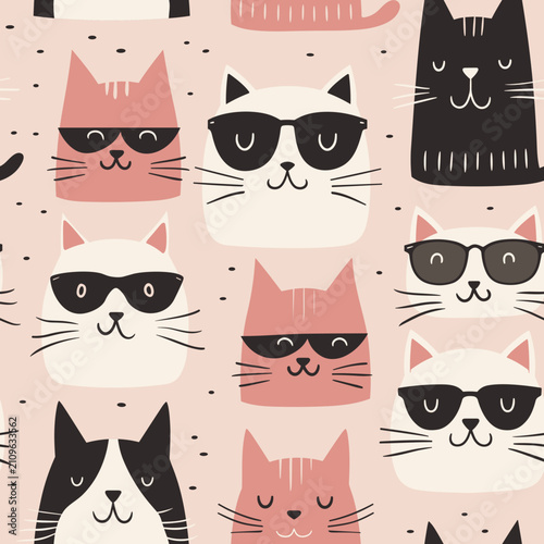Cute Cats with Sunglasses Seamless Vector Pattern Background