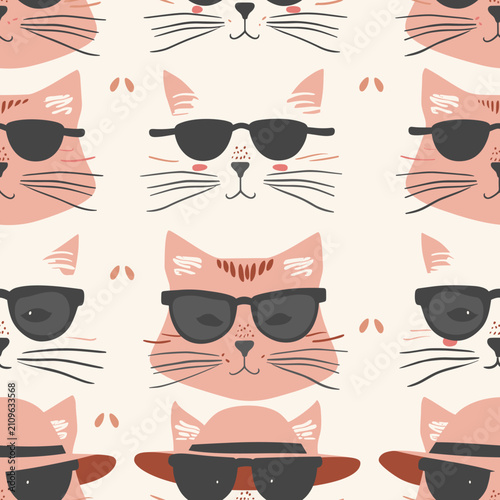 Cute Cats Wearing Sunglasses Seamless Vector Pattern Background