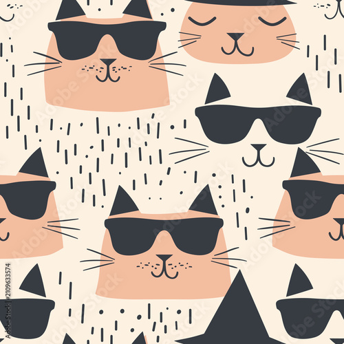 Cute Cats with Sunglasses Seamless Vector Pattern Background