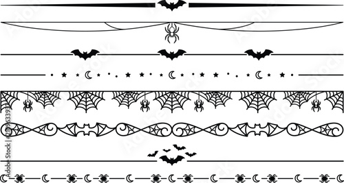 Gothic Halloween Border Divider Set with Spooky Black Bats Spider Webs Moon Stars and Vintage Filigree Lines for Page Decor Vector Illustration