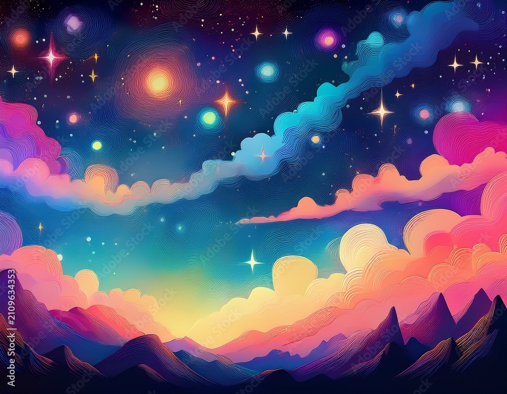 Obraz premium hand drawn multicolor background night sky with stars and clouds