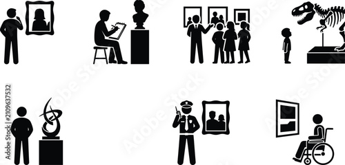 Museum and Art Gallery Visitors Pictogram Set Featuring Exhibition Tour Guide Sculpture Painting and Dinosaur Exhibit Icons