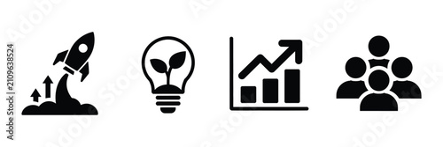 Business icon set featuring growth, innovation, corporate strategy, project management, leadership, productivity, and success symbols