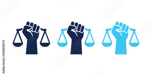 Fist holding justice scale balance legal law icon set