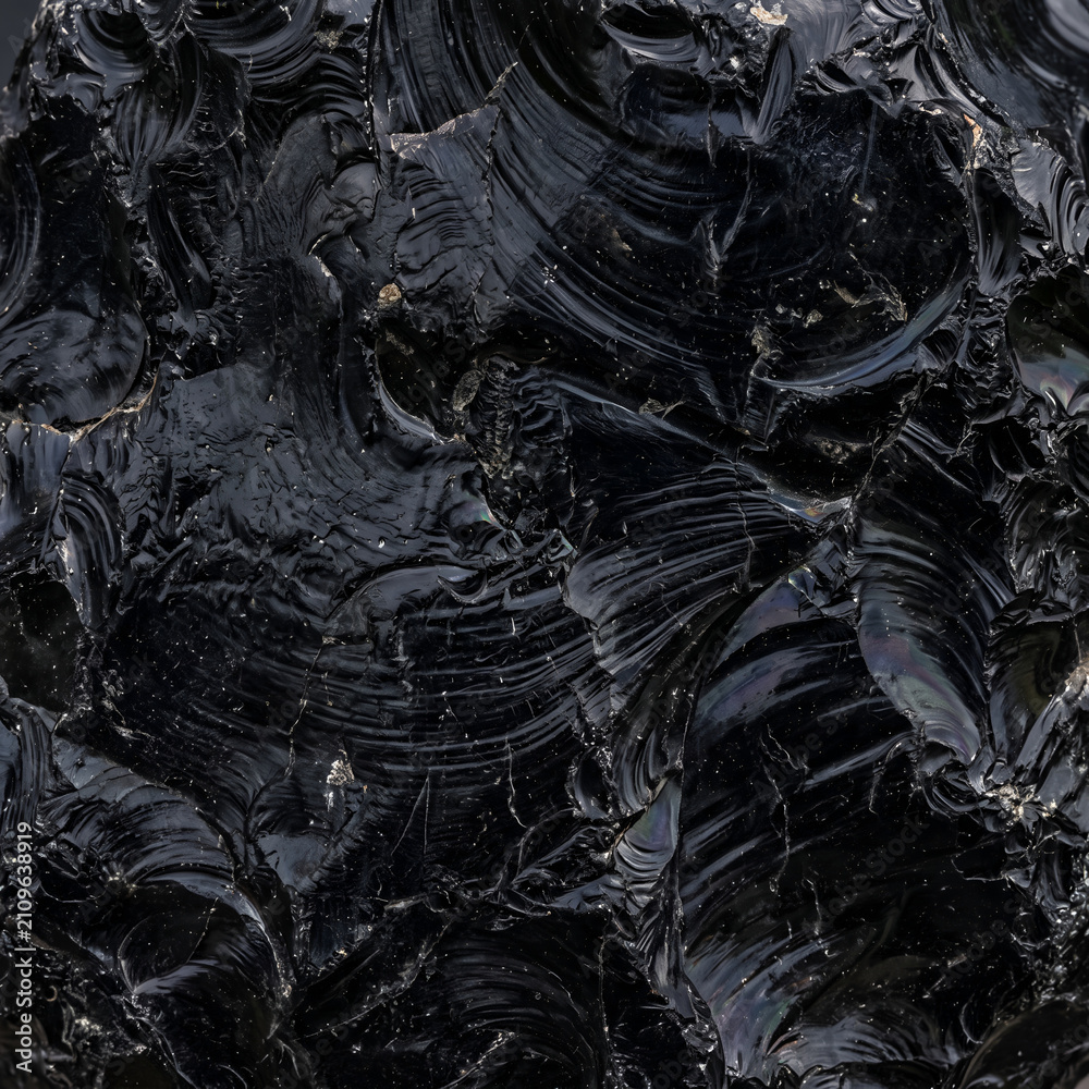 Fototapeta premium Natural Black Obsidian Mineral Stone Surface Texture Close Up Detail, Glossy Volcanic Glass Rock Fracture Pattern Backgrounds, Dark Crystal Structure for Luxury Geology Material