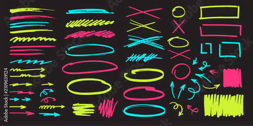 Marker strokes, arrows, circles, underlines, cross marks. Highlighter lines, scribbles, blocks, strikethrough lines.