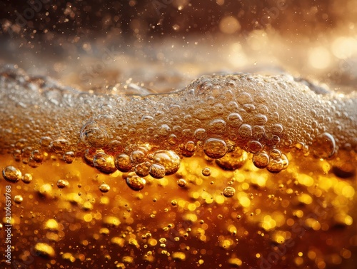 Close-up of bubbling golden carbonated beverage with foam and sparkling carbonation detail