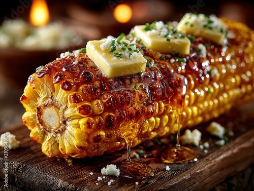 Juicy grilled corn on the cob topped with butter and chopped herbs on rustic wooden board in warm lighting