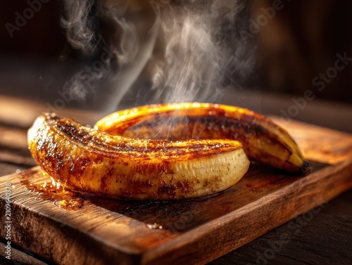 Delicious caramelized fried bananas served on wooden cutting board with steam rising in warm cozy kitchen scene