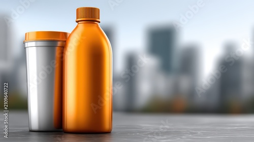 A blank orange plastic beverage bottle next to a metallic travel tumbler, positioned on a textured surface against a blurred modern cityscape.