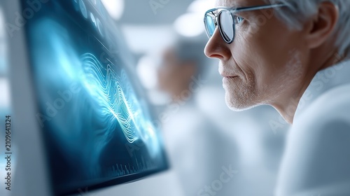 A focused senior scientist wearing glasses examines complex digital data visualizations on a monitor in a modern laboratory environment, representing innovation and advanced research.