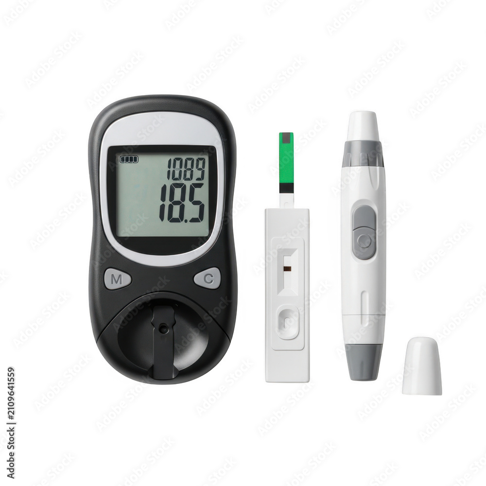 Fototapeta premium Digital blood glucose meter and lancing device for diabetes test isolated on transparent background