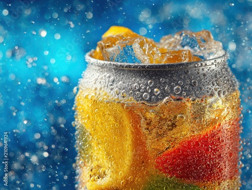 Refreshing cold citrus soda with ice cubes and bubbles in a clear glass with vibrant background