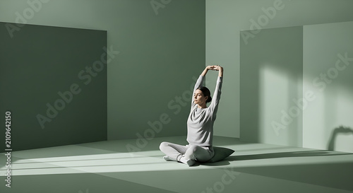 Woman stretching arms overhead while sitting in a yoga pose on a pillow in a minimalist room with natural light casting shadows on the floor and walls.