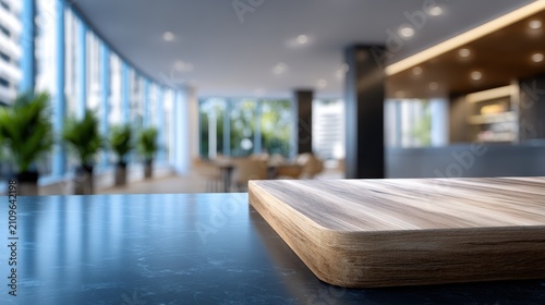 A professional blurred office background featuring a clean wooden surface in the foreground, perfect for showcasing business products or marketing mockups.