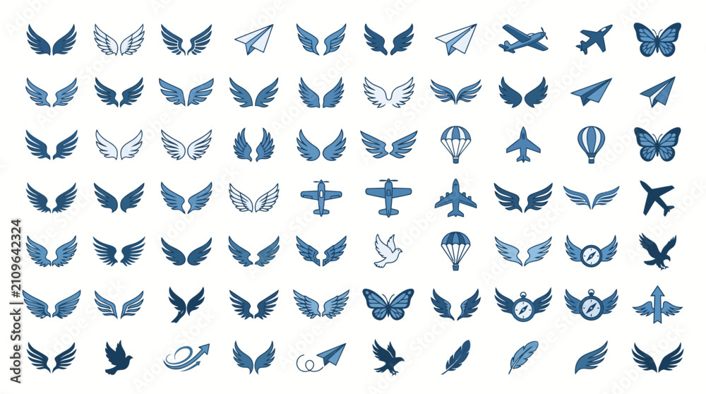 Fototapeta premium Wings and flight related symbols depict a wide variety of avian, mechanical, and abstract motifs perfect for creative branding and artistic design applications.