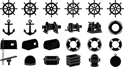 Bild auf Leinwand Nautical deck equipment silhouette icon set featuring ship wheels anchors winche
