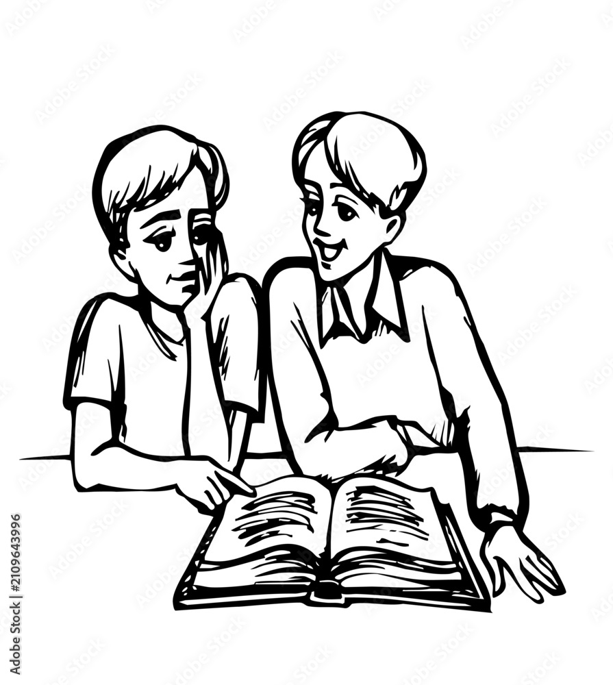 Obraz premium Vector drawing. Kids reading a book