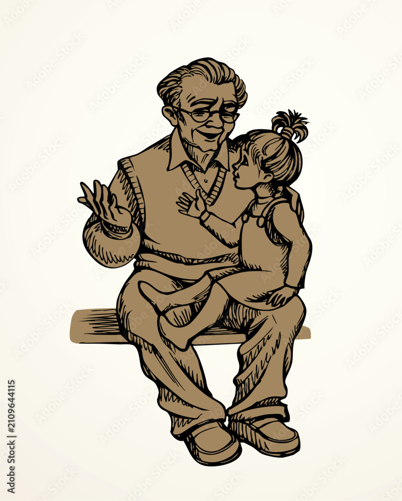 Obraz premium Vector drawing. Grandfather with his granddaughter