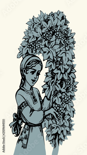 Vector drawing. Girl with viburnum