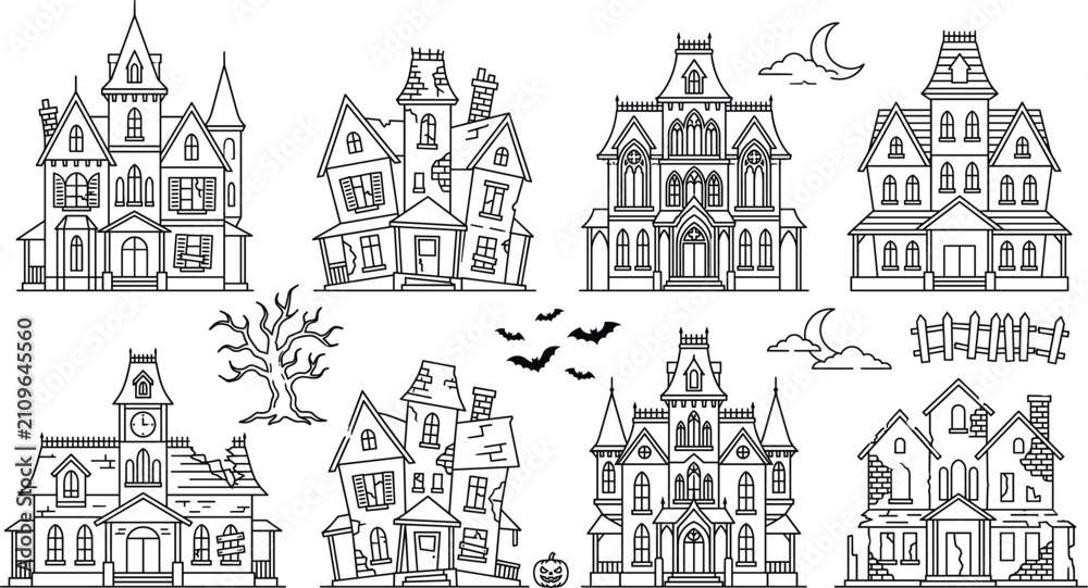 Obraz premium Spooky Halloween Haunted House Icon Set with Gothic Mansions, Abandoned Buildings, Dead Trees, Bats, and Creepy Elements for Autumn Seasonal Graphic Designs