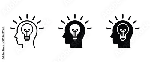 Head with bulb vector icon for innovation, creative idea, brainstorming, intelligence, knowledge, and thinking illustration