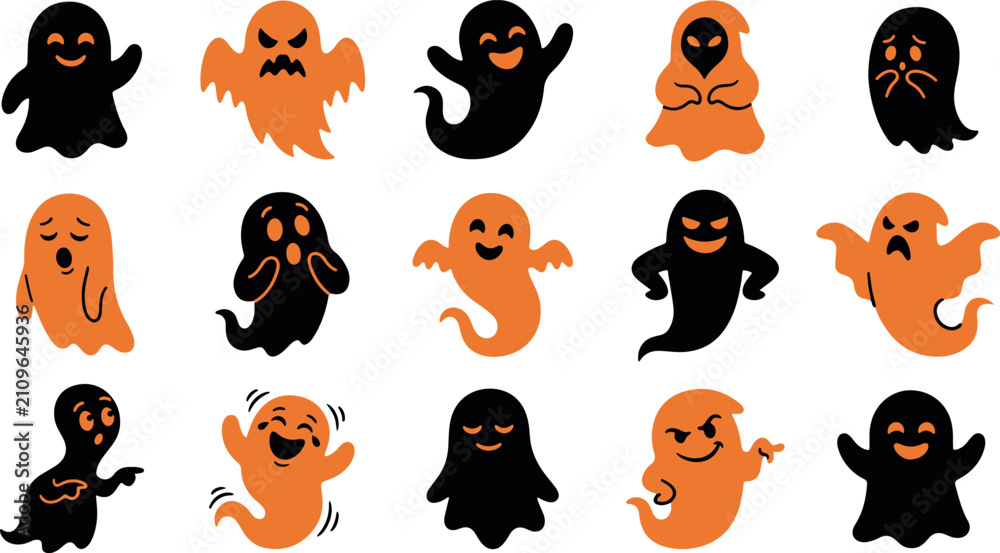 Fototapeta premium Set of cute black and orange ghost stickers for halloween party decorations and spooky holiday graphic design projects
