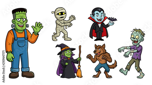 A collection of cute cartoon Halloween monsters including Frankenstein, a mummy, Dracula, a witch with a black cat, a werewolf, and a zombie, all isolated on a white background.