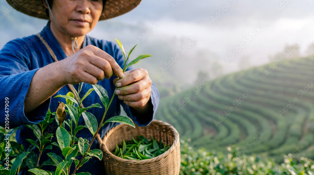 Obraz premium Tea leaf picking and tea cultivation, an elderly Chinese woman using the traditional manual tea picking technique - one bud, two leaves, copy space about tea production traditions