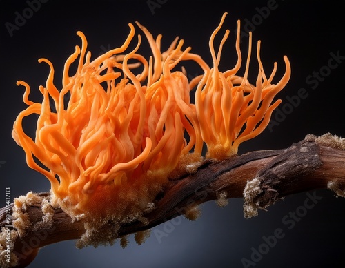 cordyceps sinensis on branch a striking image showcasing the vibrant orange cordyceps sinensis fungus growing on a twig its unique intricate structure is highlighted against a clean background