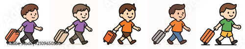 Set of vector illustrations of a small child dragging a suitcase.