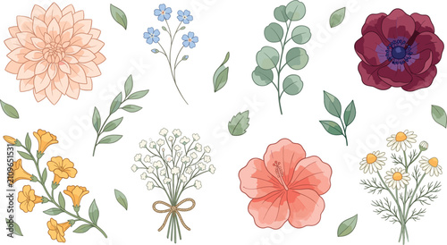 Foto Watercolor Hand Drawn Floral Element Set Featuring Dahlia Anemone Chamomile Baby