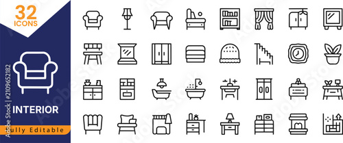 Set of interior furniture line icons Home decor and house furnishing vector symbols