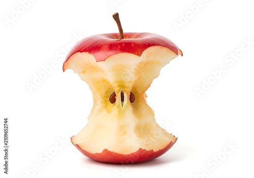 Bite taken out of red apple with stem