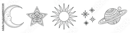 Fotografie Celestial bodies vector illustration with moon sun stars and planet for cosmic d