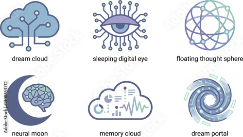 Dream Technology Icons Set: Sleep Tech, Neural Networks & Sci-Fi Mind Graphics